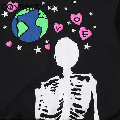 Streetwear Earth Skeleton Print Punk Gothic Hoodie