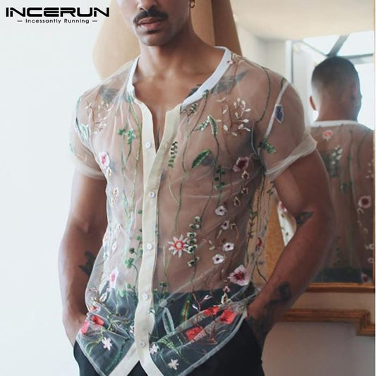 INCERUN Fashion Men Embroidered Mesh Shirts