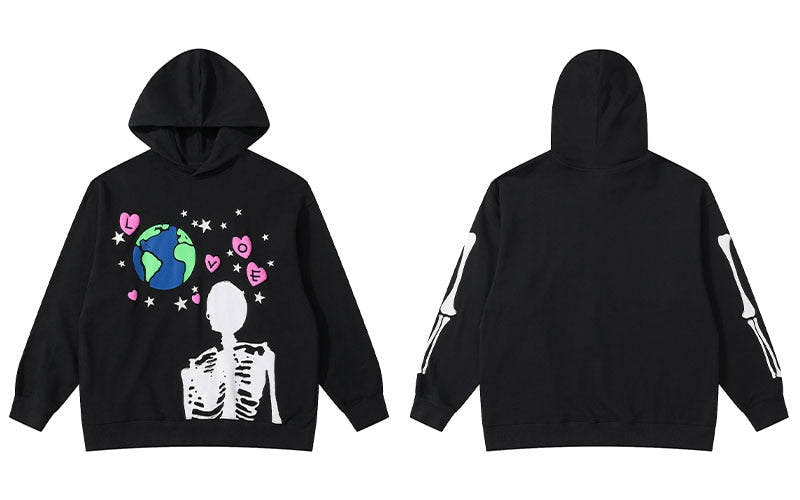 Streetwear Earth Skeleton Print Punk Gothic Hoodie