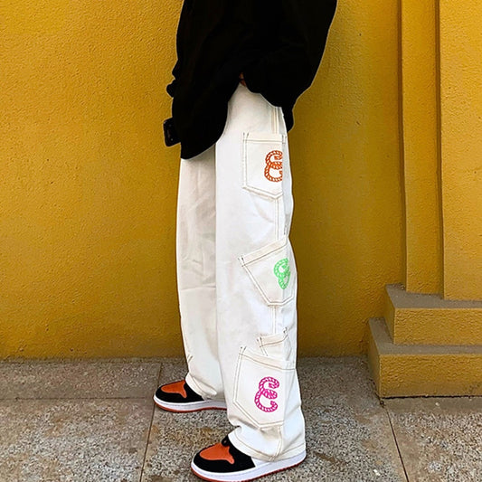 Retro Pocket Letter Print Straight Cargo Pants