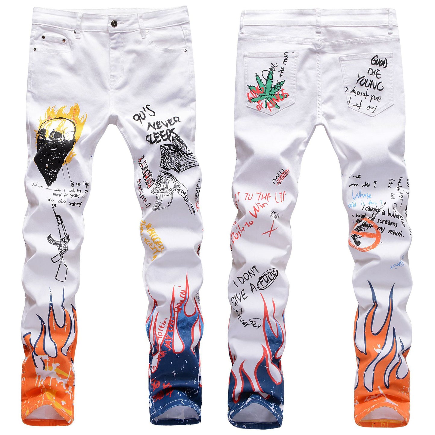 Mens Flame Printed Patterned Fashionable Graffiti Punk Rock Slim Straight Stretch Jeans