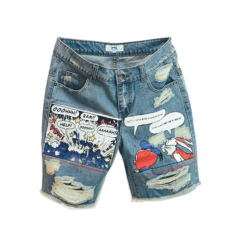 Animation Cartoon Print Light Stonewashed Jeans Shorts Men