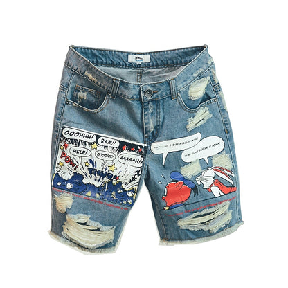 Animation Cartoon Print Light Stonewashed Jeans Shorts Men