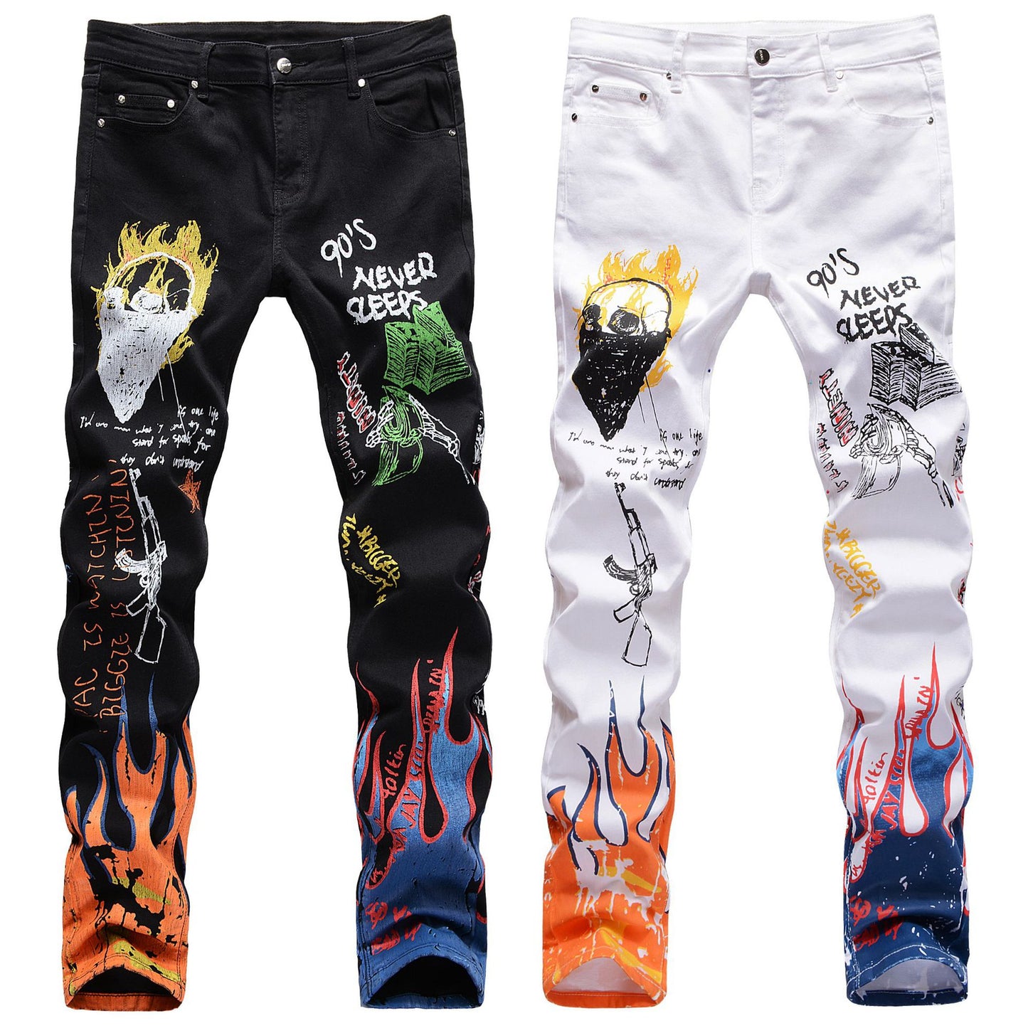 Mens Flame Printed Patterned Fashionable Graffiti Punk Rock Slim Straight Stretch Jeans