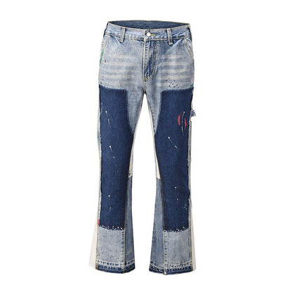 2022 High Street Color Block Spliced Washed Jeans