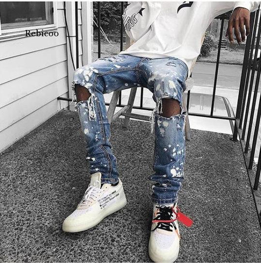 Men Jeans Distressed Snow Wash Paint