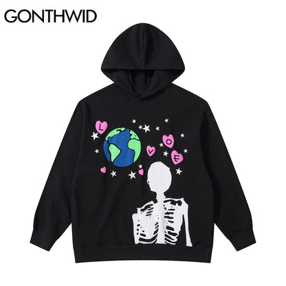 Streetwear Earth Skeleton Print Punk Gothic Hoodie