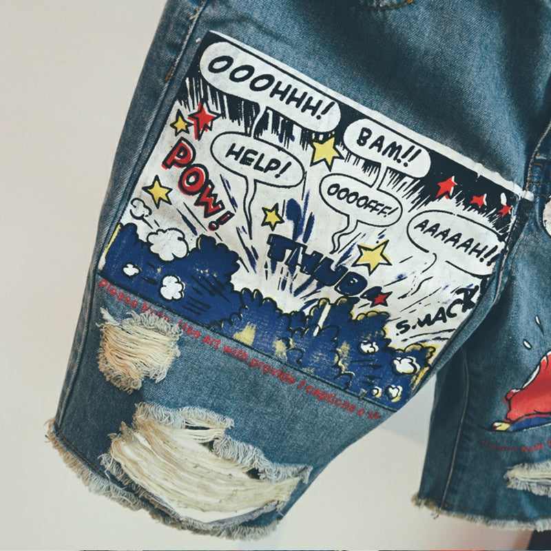 Animation Cartoon Print Light Stonewashed Jeans Shorts Men