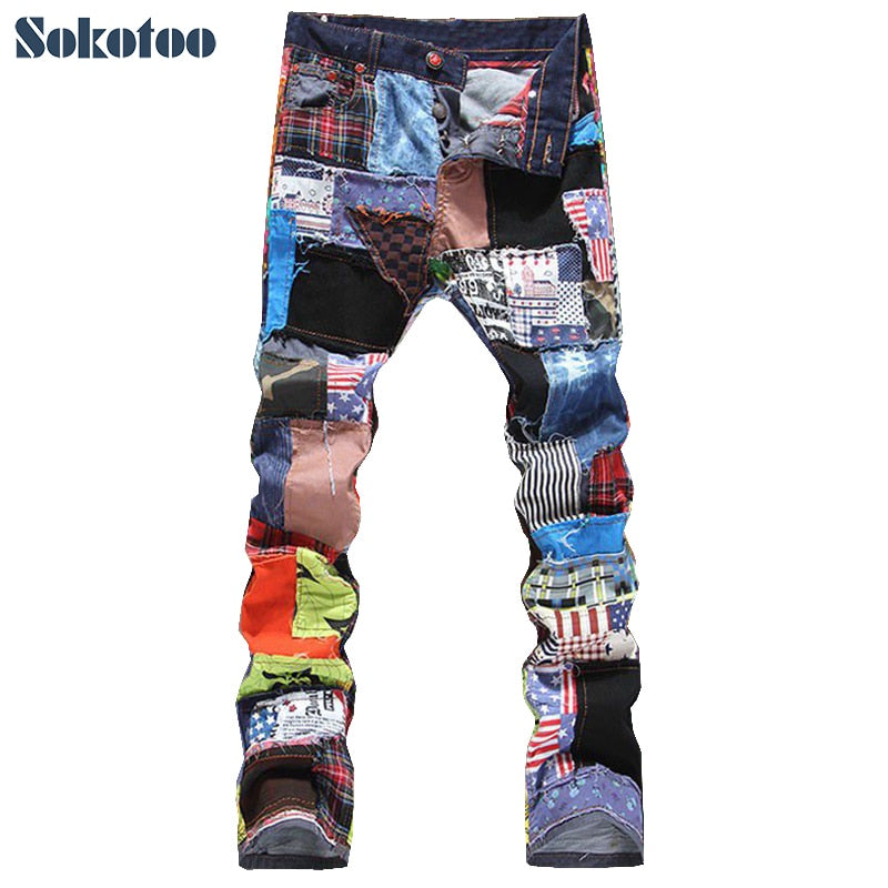 Male fashion slim colored patch Jeans