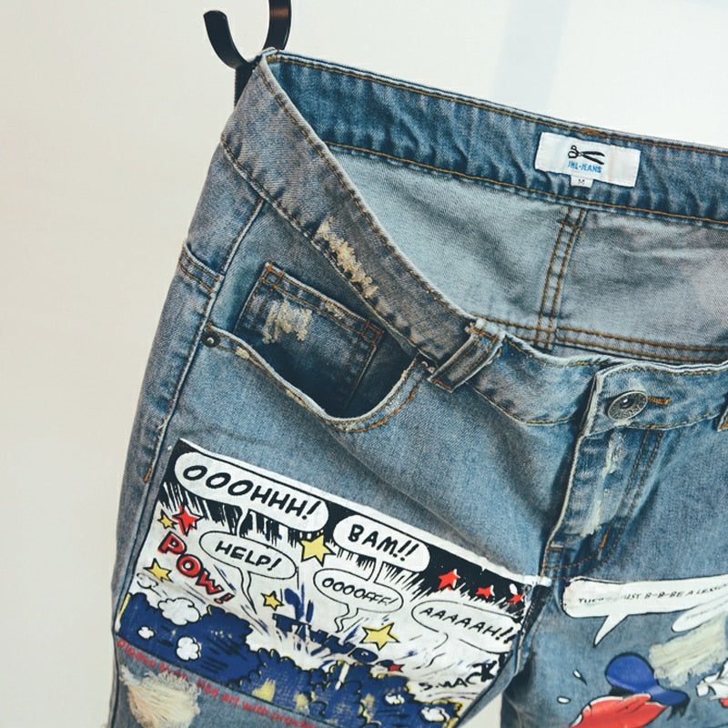 Animation Cartoon Print Light Stonewashed Jeans Shorts Men