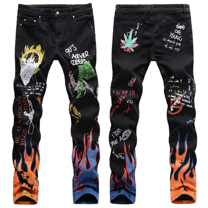 Mens Flame Printed Patterned Fashionable Graffiti Punk Rock Slim Straight Stretch Jeans