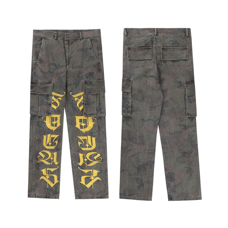 Letter Embroidery Side Pockets Camouflage Jeans Cargo Pants