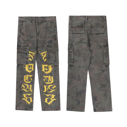 Letter Embroidery Side Pockets Camouflage Jeans Cargo Pants