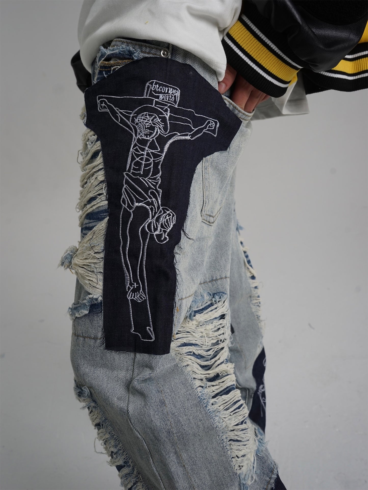 Jesus Cross Embroidery Retro Denim