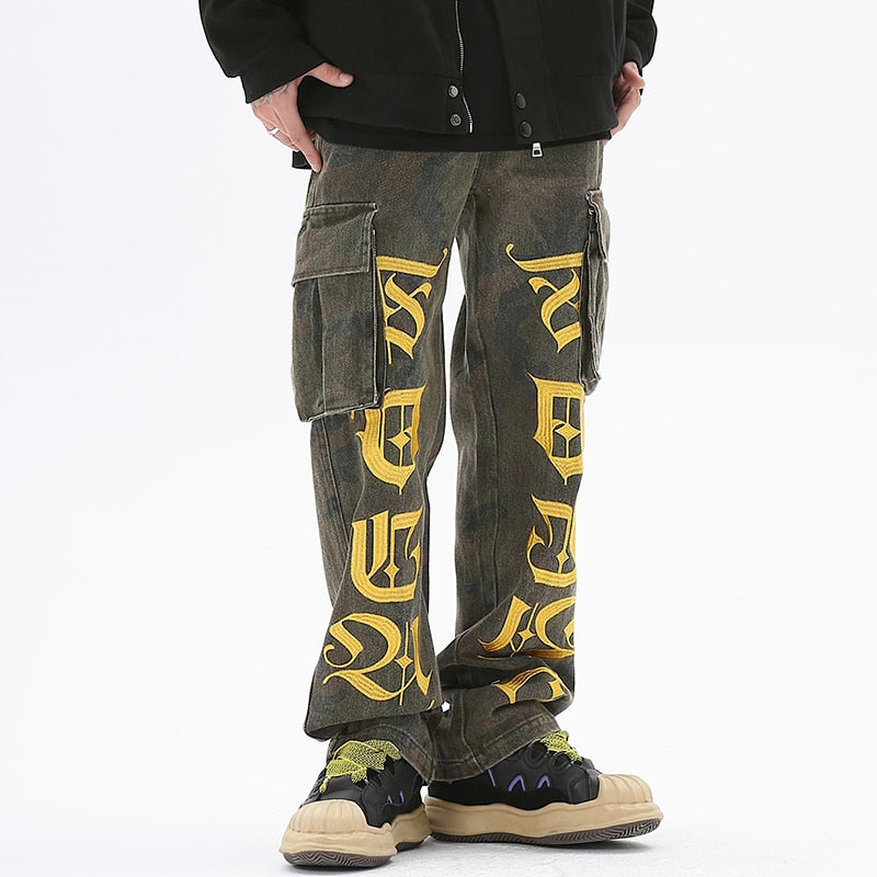 Letter Embroidery Side Pockets Camouflage Jeans Cargo Pants