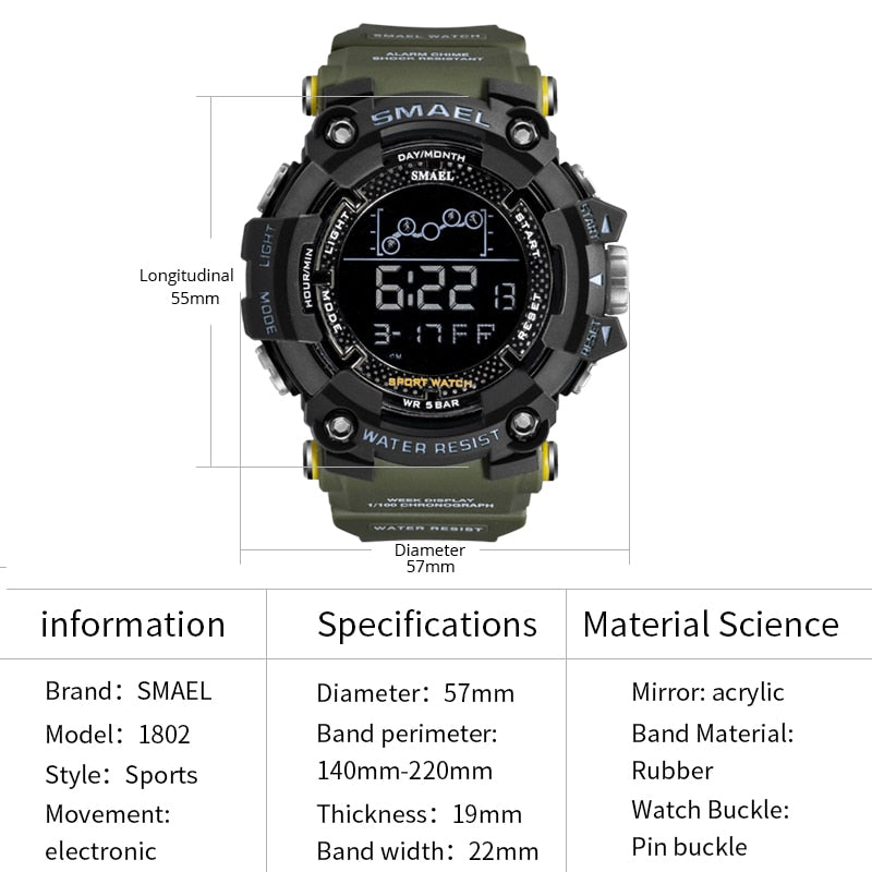 Mens Watch Military Water resistant SMAEL Sport watch Army led Digital wrist stopwatch