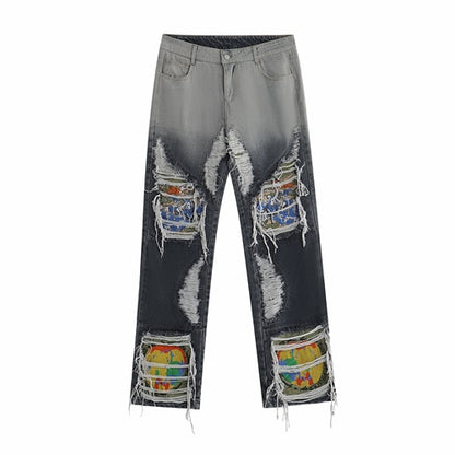 European retro high street hole heavy industry embroidery loose jeans