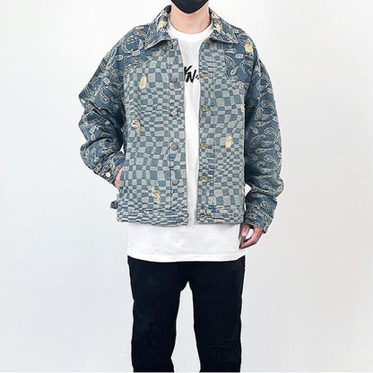 Washed Blue Cashew Flower Checkerboard Denim Jacket