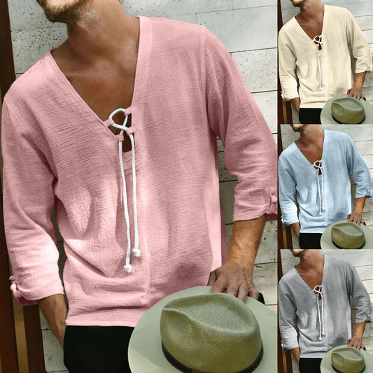 Mens Hippie Linen Shirt Casual Middle Sleeve