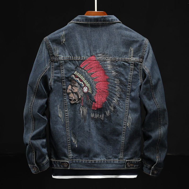 Retro Blue Indian Chief Embroidery Denim Jackets