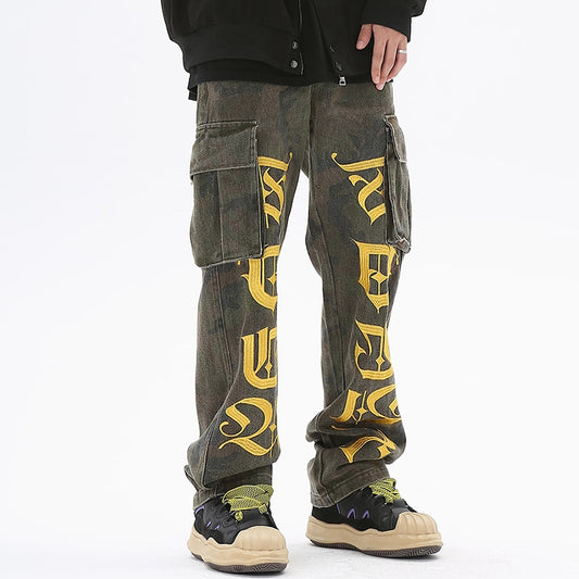 Letter Embroidery Side Pockets Camouflage Jeans Cargo Pants