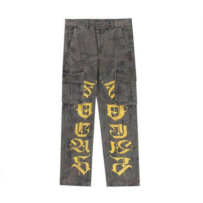 Letter Embroidery Side Pockets Camouflage Jeans Cargo Pants