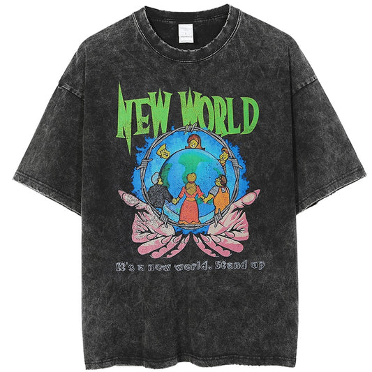 Vintage Washed T-Shirt Harajuku Funny Earth Graphic