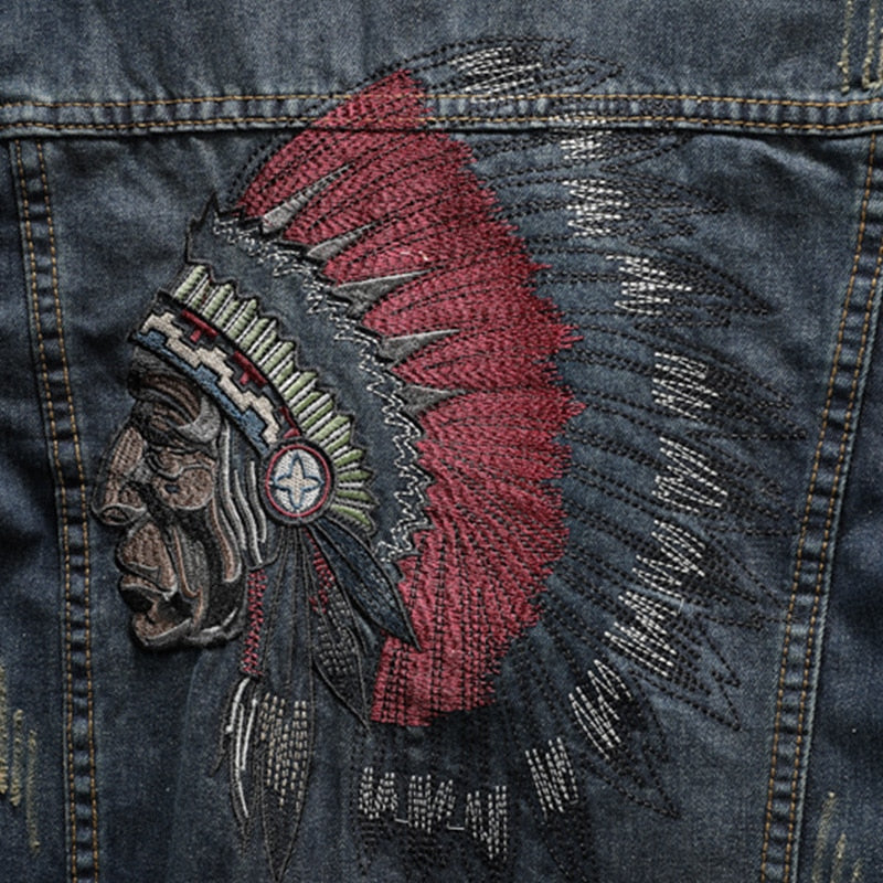 Retro Blue Indian Chief Embroidery Denim Jackets