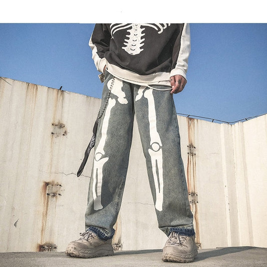 Men Skeleton Oversized Black Jeans Pants