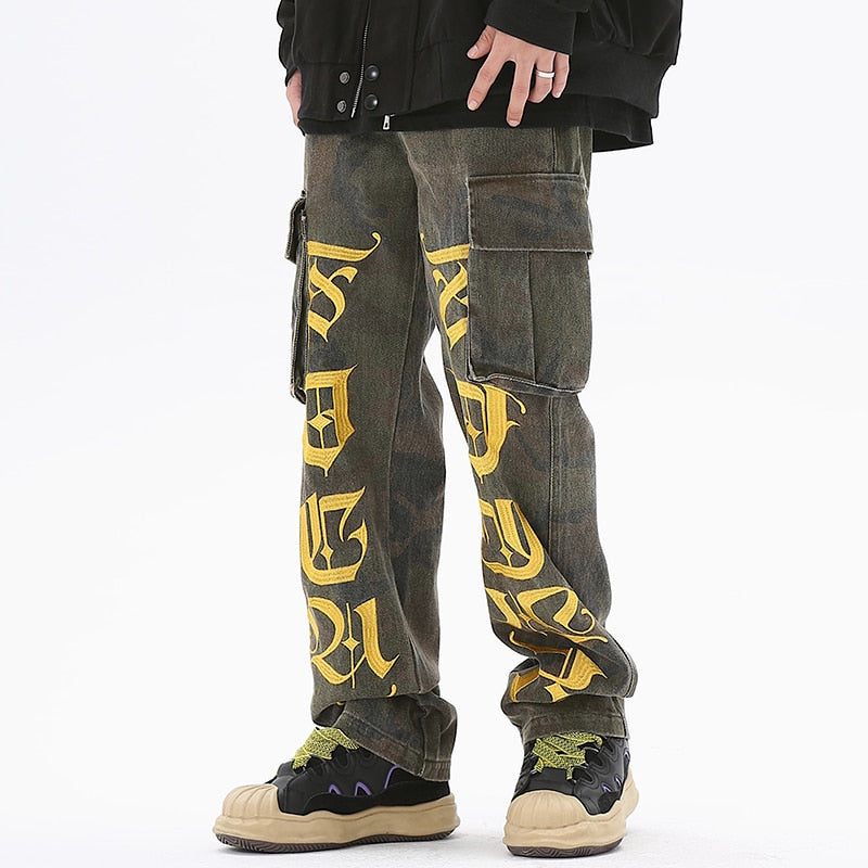 Letter Embroidery Side Pockets Camouflage Jeans Cargo Pants