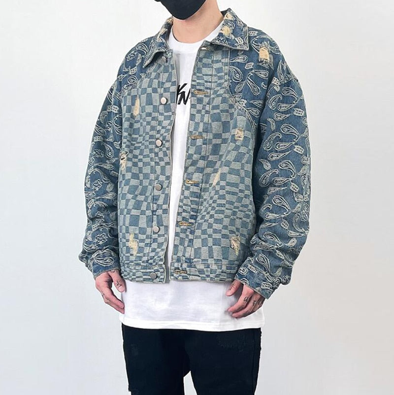 Washed Blue Cashew Flower Checkerboard Denim Jacket