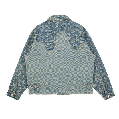 Washed Blue Cashew Flower Checkerboard Denim Jacket