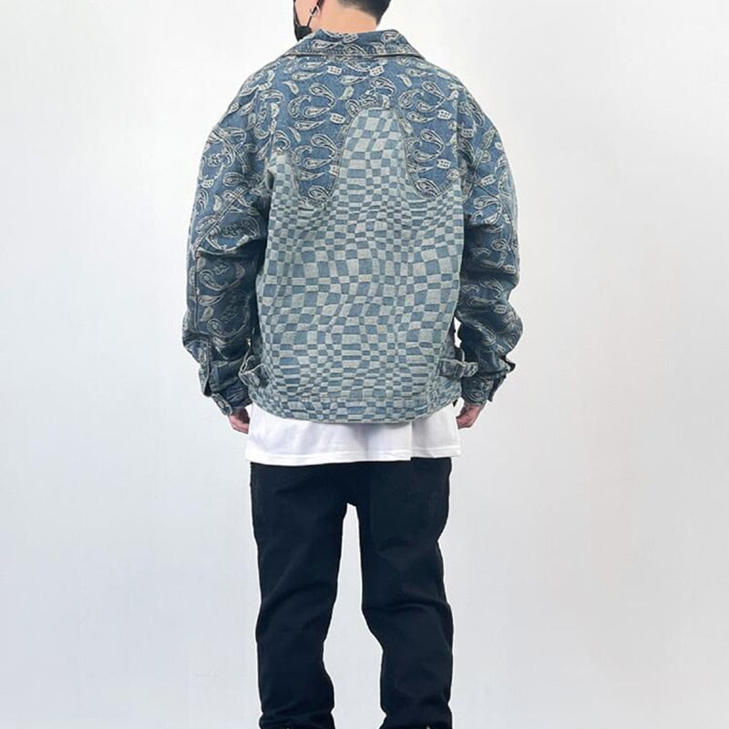 Washed Blue Cashew Flower Checkerboard Denim Jacket